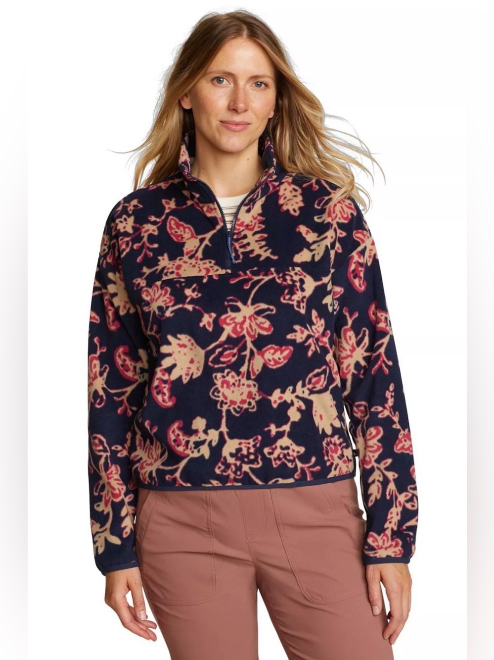 NWT Eddie Bauer Quest 2.0 Fleece Pullover Brook Floral Print Blue Red Size XL